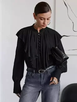 Vintage Ruffle Blouse For Women - Black Elegant Button Up Victorian Long Sleeve Top - Spring Desk-to-dinner 2026