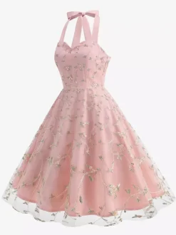 Vintage 1950s Floral Midi Dress For Women - Halter Neck Mesh Embroidery A-Line Sundress - Spring Garden Wedding Guest 2026