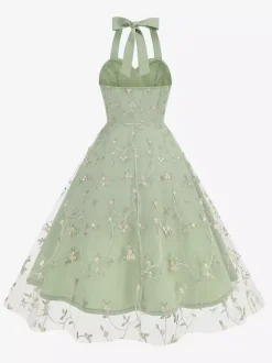 Vintage 1950s Floral Midi Dress For Women - Halter Neck Mesh Embroidery A-Line Sundress - Spring Garden Wedding Guest 2026
