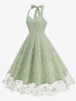 Vintage 1950s Floral Midi Dress For Women - Halter Neck Mesh Embroidery A-Line Sundress - Spring Garden Wedding Guest 2026