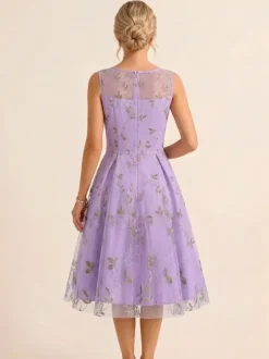 Vintage 1950s Floral Midi Dress For Women - Embroidery Mesh Illusion Neck A-Line Swing Prom Dress - Summer Cocktail 2026