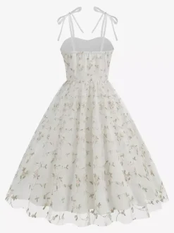 Vintage 1950s Floral Prom Dress For Women - Embroidery Mesh Tie-Shoulder A-Line Swing Midi Dress - Summer Cocktail 2026