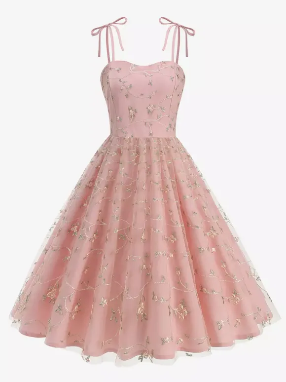 Vintage 1950s Floral Prom Dress For Women - Embroidery Mesh Tie-Shoulder A-Line Swing Midi Dress - Summer Cocktail 2026