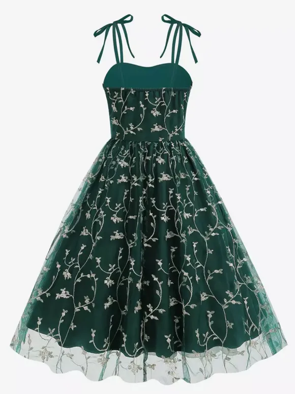 Vintage 1950s Floral Prom Dress For Women - Embroidery Mesh Tie-Shoulder A-Line Swing Midi Dress - Summer Cocktail 2026