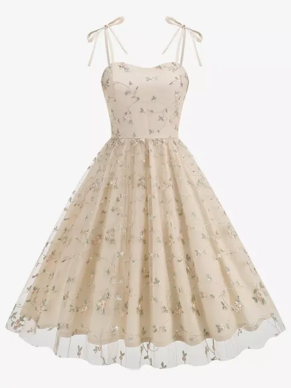 Vintage 1950s Floral Prom Dress For Women - Embroidery Mesh Tie-Shoulder A-Line Swing Midi Dress - Summer Cocktail 2026