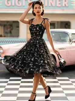 Vintage 1950s Floral Prom Dress For Women - Embroidery Mesh Tie-Shoulder A-Line Swing Midi Dress - Summer Cocktail 2026
