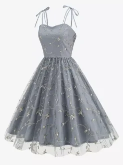 Vintage 1950s Floral Prom Dress For Women - Embroidery Mesh Tie-Shoulder A-Line Swing Midi Dress - Summer Cocktail 2026