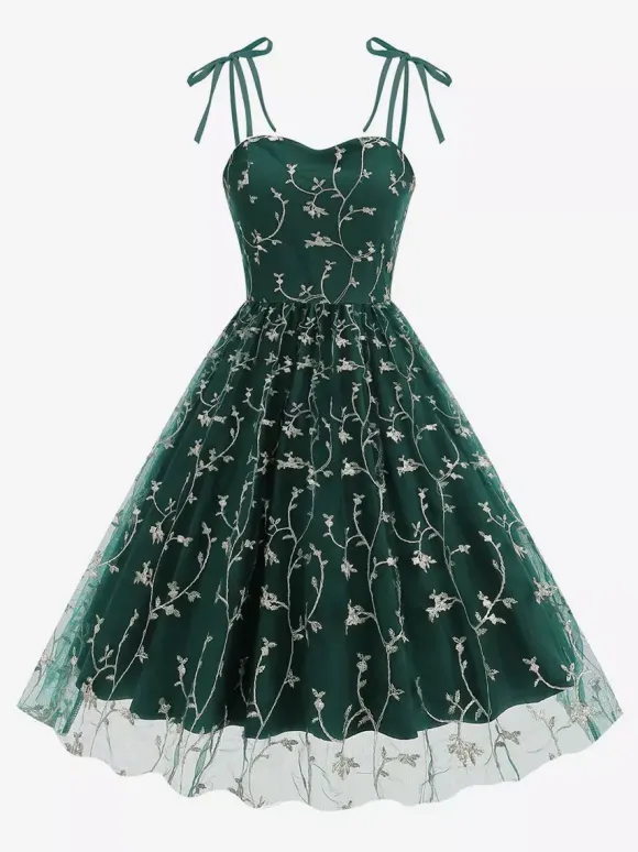 Vintage 1950s Floral Prom Dress For Women - Embroidery Mesh Tie-Shoulder A-Line Swing Midi Dress - Summer Cocktail 2026