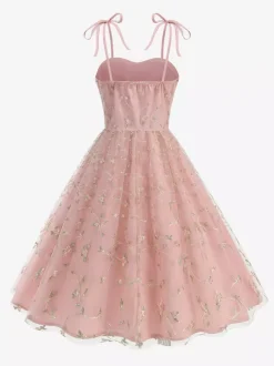 Vintage 1950s Floral Prom Dress For Women - Embroidery Mesh Tie-Shoulder A-Line Swing Midi Dress - Summer Cocktail 2026