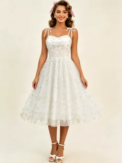 Vintage 1950s Floral Prom Dress For Women - Embroidery Mesh Tie-Shoulder A-Line Swing Midi Dress - Summer Cocktail 2026