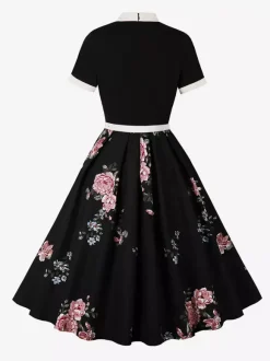 Vintage 1950s Midi Dress For Women - Bow Tie Neck Printed A-Line Swing Dress - Spring Tea Party 2026