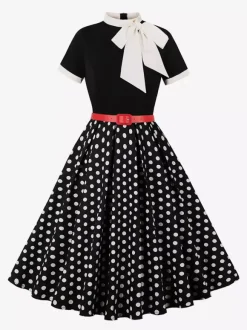 Vintage 1950s Midi Dress For Women - Bow Tie Neck Printed A-Line Swing Dress - Spring Tea Party 2026