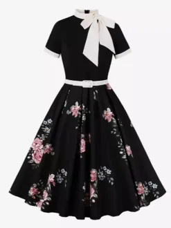 Vintage 1950s Midi Dress For Women - Bow Tie Neck Printed A-Line Swing Dress - Spring Tea Party 2026