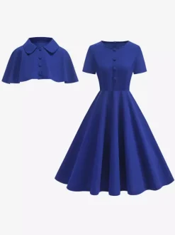 Vintage 1950s Midi Dress With Capelet For Women A-Line Swing Skater Dress - Summer Retro Party 2026