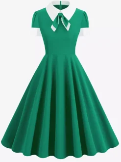 Vintage 1950s Swing Cocktail Dress for Women - V Neck Short Sleeve A-Line Ruched Bust Rockabilly Midi Gown - Wedding Guest 2026