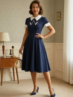 Vintage 1950s Swing Cocktail Dress for Women - V Neck Short Sleeve A-Line Ruched Bust Rockabilly Midi Gown - Wedding Guest 2026