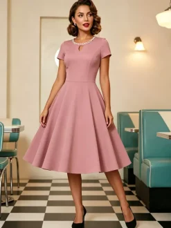 Vintage 1950s Swing Cocktail Dress Short Sleeve Women Retro Dress