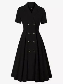 Vintage 1950s Swing Dress for Women - A Line Double Breasted Lapel Collar Rockabilly Midi Tea Dress - Summer Cocktail 2026
