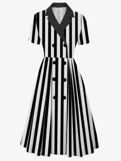 Vintage 1950s Swing Dress for Women - A Line Double Breasted Lapel Collar Rockabilly Midi Tea Dress - Summer Cocktail 2026