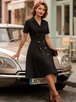 Vintage 1950s Swing Dress for Women - A Line Double Breasted Lapel Collar Rockabilly Midi Tea Dress - Summer Cocktail 2026