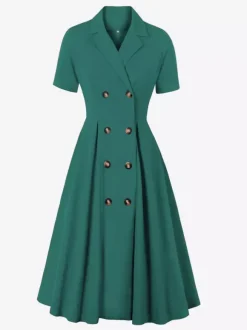 Vintage 1950s Swing Dress for Women - A Line Double Breasted Lapel Collar Rockabilly Midi Tea Dress - Summer Cocktail 2026