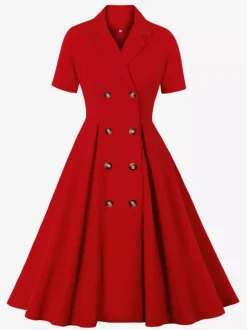 Vintage 1950s Swing Dress for Women - A Line Double Breasted Lapel Collar Rockabilly Midi Tea Dress - Summer Cocktail 2026