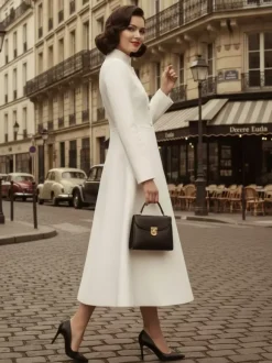 Vintage Stand-Collar A-line Woolen Flared Coat In White For Women 2026