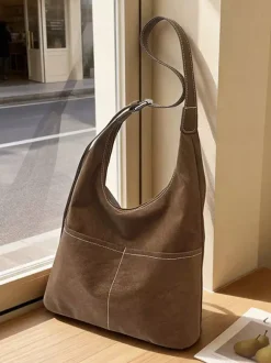 Vintage Suede Contrast Stitch Adjustable Strap Hobo Shoulder Bag With Mini Coin Purse