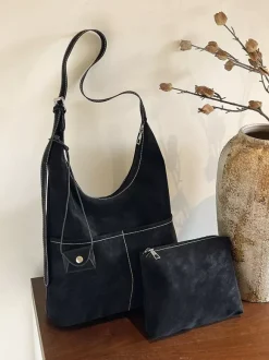 Vintage Suede Contrast Stitch Adjustable Strap Hobo Shoulder Bag With Mini Coin Purse