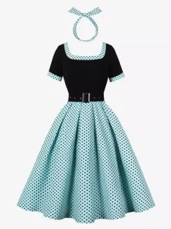Vintage Swing Dress 1950s Contrast Polka Dot Dress Square Neck Tea Party Dress