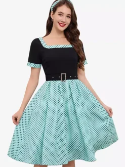Vintage Swing Dress 1950s Contrast Polka Dot Dress Square Neck Tea Party Dress