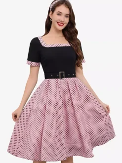 Vintage Swing Dress 1950s Contrast Polka Dot Dress Square Neck Tea Party Dress