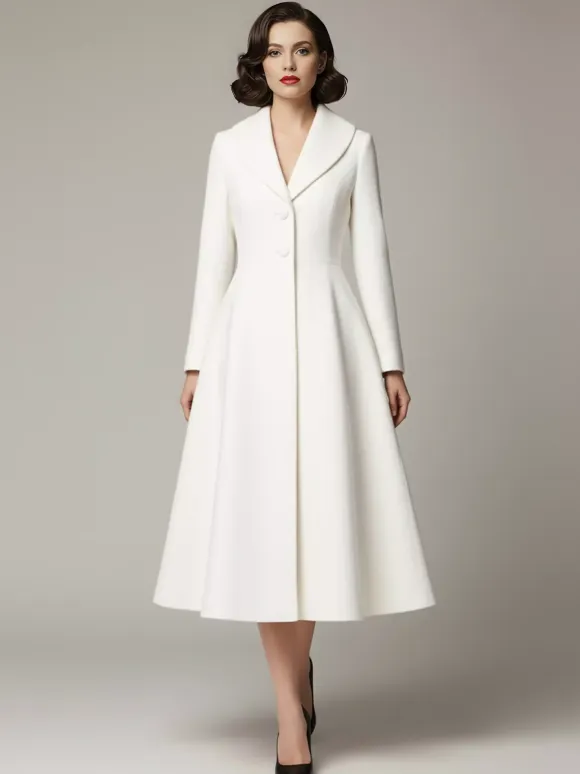 Vintage Unique Lapel A-line Woolen Flared Coat In White For Women 2026