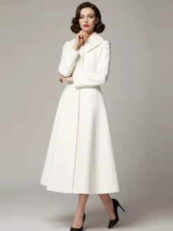 Vintage Unique Lapel A-line Woolen Flared Coat In White For Women 2026