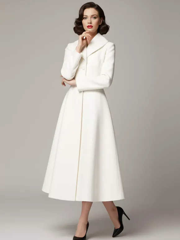 Vintage Unique Lapel A-line Woolen Flared Coat In White For Women 2026