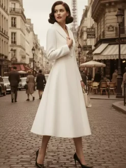 Vintage Unique Lapel A-line Woolen Flared Coat In White For Women 2026