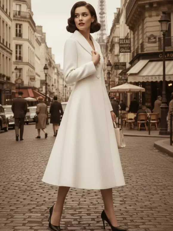 Vintage Unique Lapel A-line Woolen Flared Coat In White For Women 2026