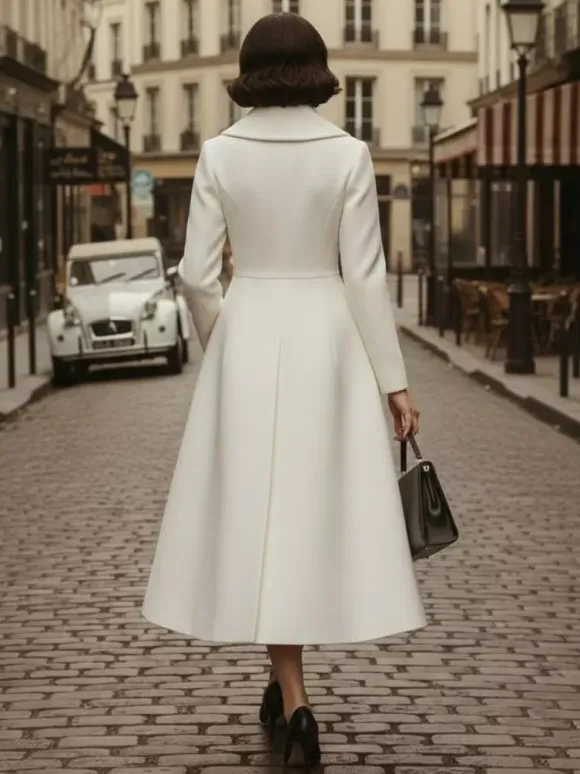 Vintage Unique Lapel A-line Woolen Flared Coat In White For Women 2026