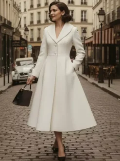 Vintage Unique Lapel A-line Woolen Flared Coat In White For Women 2026