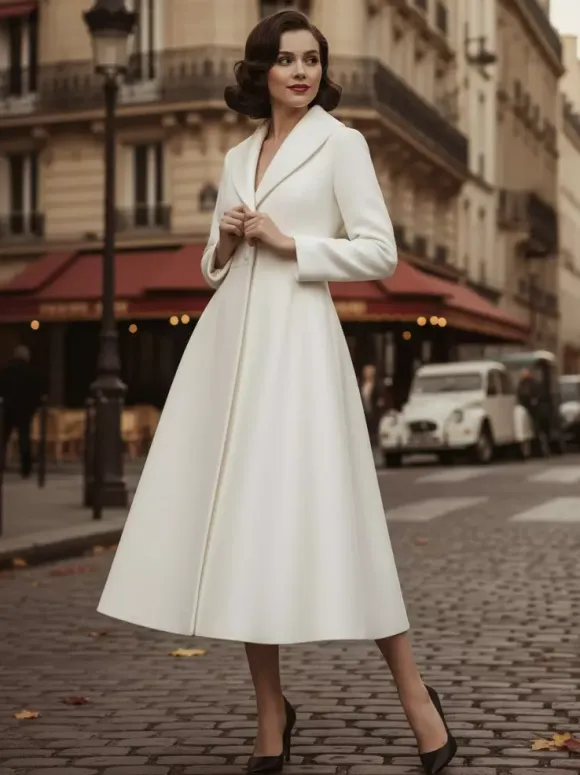 Vintage Unique Lapel A-line Woolen Flared Coat In White For Women 2026