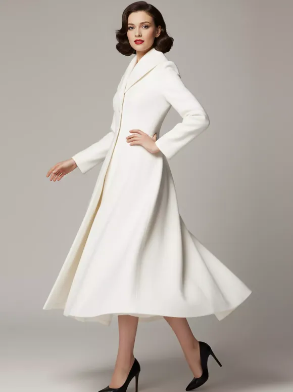 Vintage Unique Lapel A-line Woolen Flared Coat In White For Women 2026