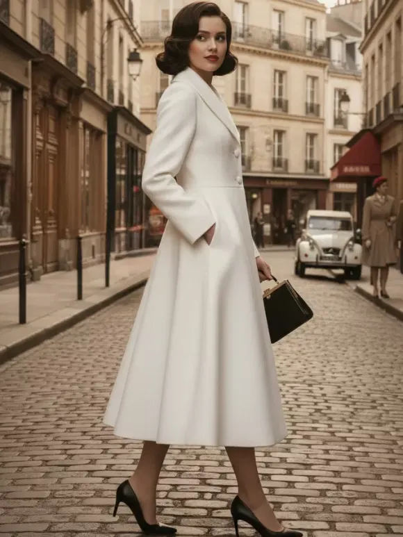 Vintage Unique Lapel A-line Woolen Flared Coat In White For Women 2026