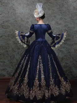Vintage Victorian Rococo Dress Embroidered Path Long Flared Sleeves Ball Gown Dress