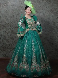 Vintage Victorian Rococo Dress Embroidered Path Long Flared Sleeves Ball Gown Dress