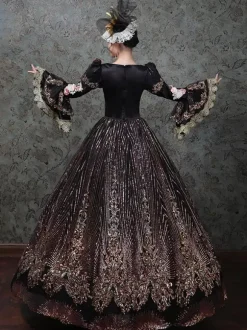 Vintage Victorian Rococo Dress Embroidered Path Long Flared Sleeves Ball Gown Dress