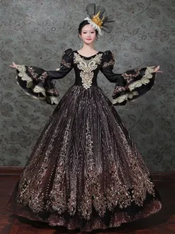 Vintage Victorian Rococo Dress Embroidered Path Long Flared Sleeves Ball Gown Dress