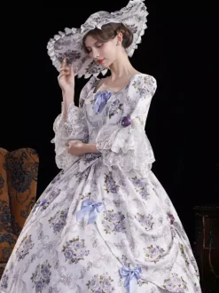 Vintage Womens Victorian Rococo Dress Flared Sleeves Floral Printed Ball Gown Dress