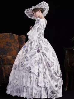 Vintage Womens Victorian Rococo Dress Flared Sleeves Floral Printed Ball Gown Dress