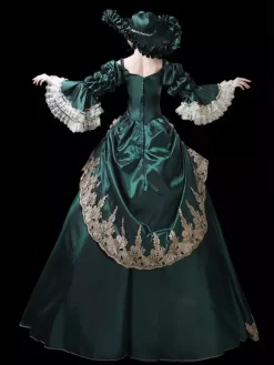 Vintage Womens Victorian Rococo Dress Lace Trim Flared Sleeves Foral Printed Ball Gown Dress