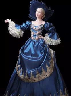 Vintage Womens Victorian Rococo Dress Lace Trim Flared Sleeves Foral Printed Ball Gown Dress
